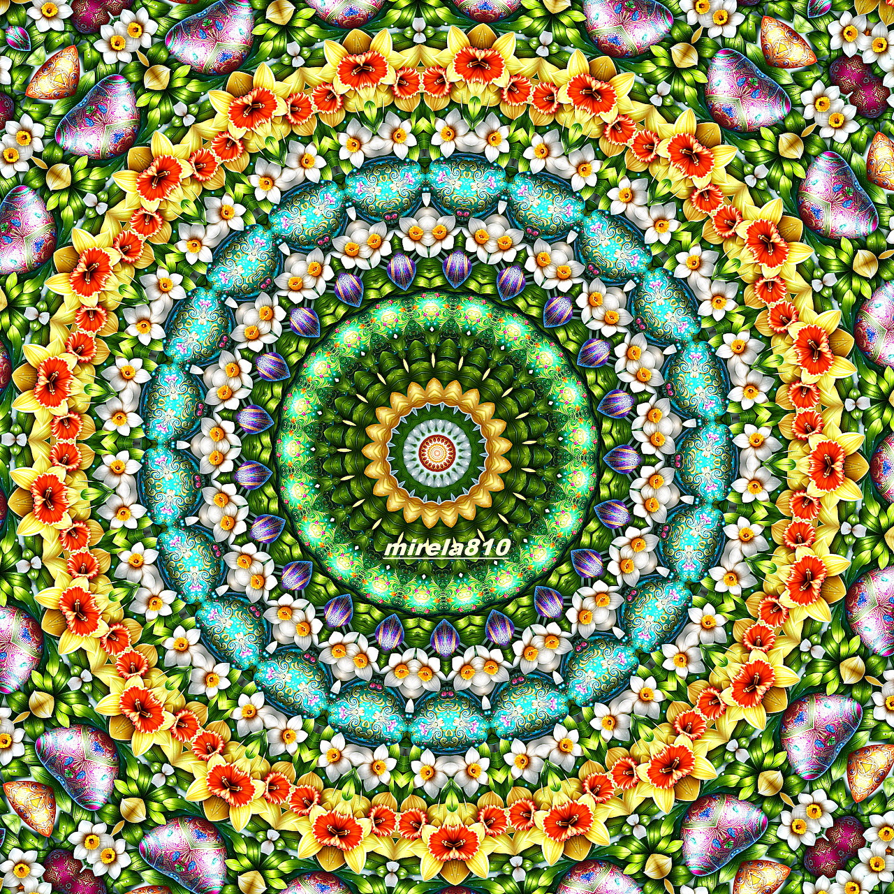 Colorful symmetrical mandala with floral and butterfly motifs in concentric circles