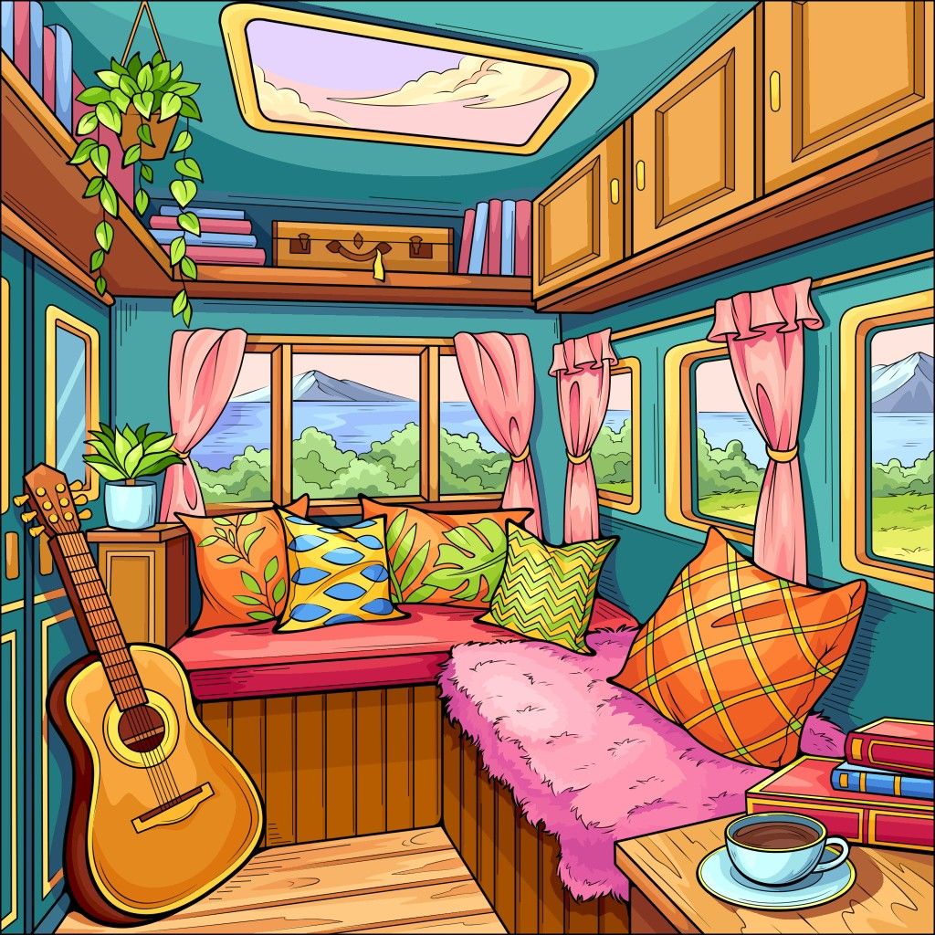 Colorful illustration of a cozy van interior with cushions, guitar, plants, and windows overlooking nature