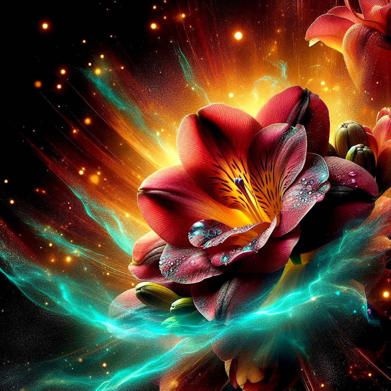Glowing fantasy flower with red-orange petals surrounded by cosmic light rays and teal energy streams on dark starry background