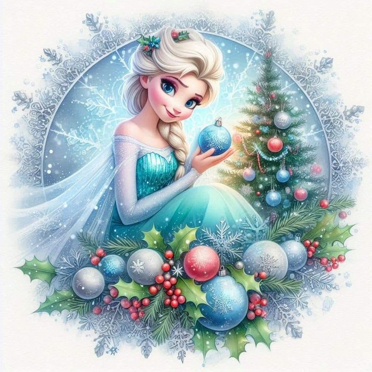 Elsa in blue gown with bluebird and Christmas tree, surrounded by ornaments and holly