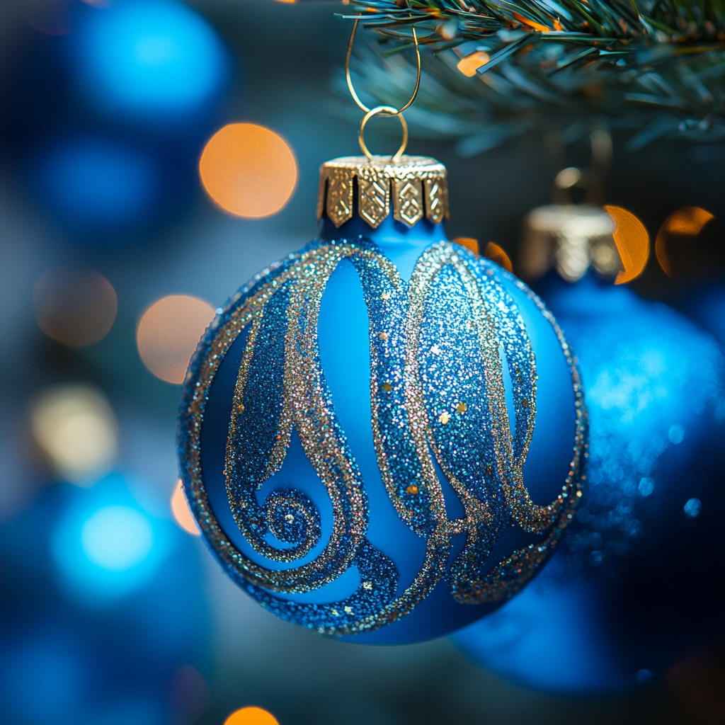 Blue Christmas ornament with silver glitter swirls hanging on evergreen tree with bokeh lights