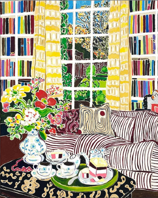 Painting of a bright living room with bookshelves, striped sofa, flower vase, and tea set on a patterned rug