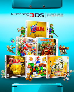 Grid of Nintendo 3DS game boxes with Mario, Link, and other Nintendo characters on teal background