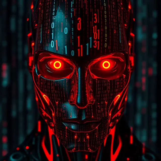 Red and blue glowing robotic face with digital code in a dark sci-fi scene
