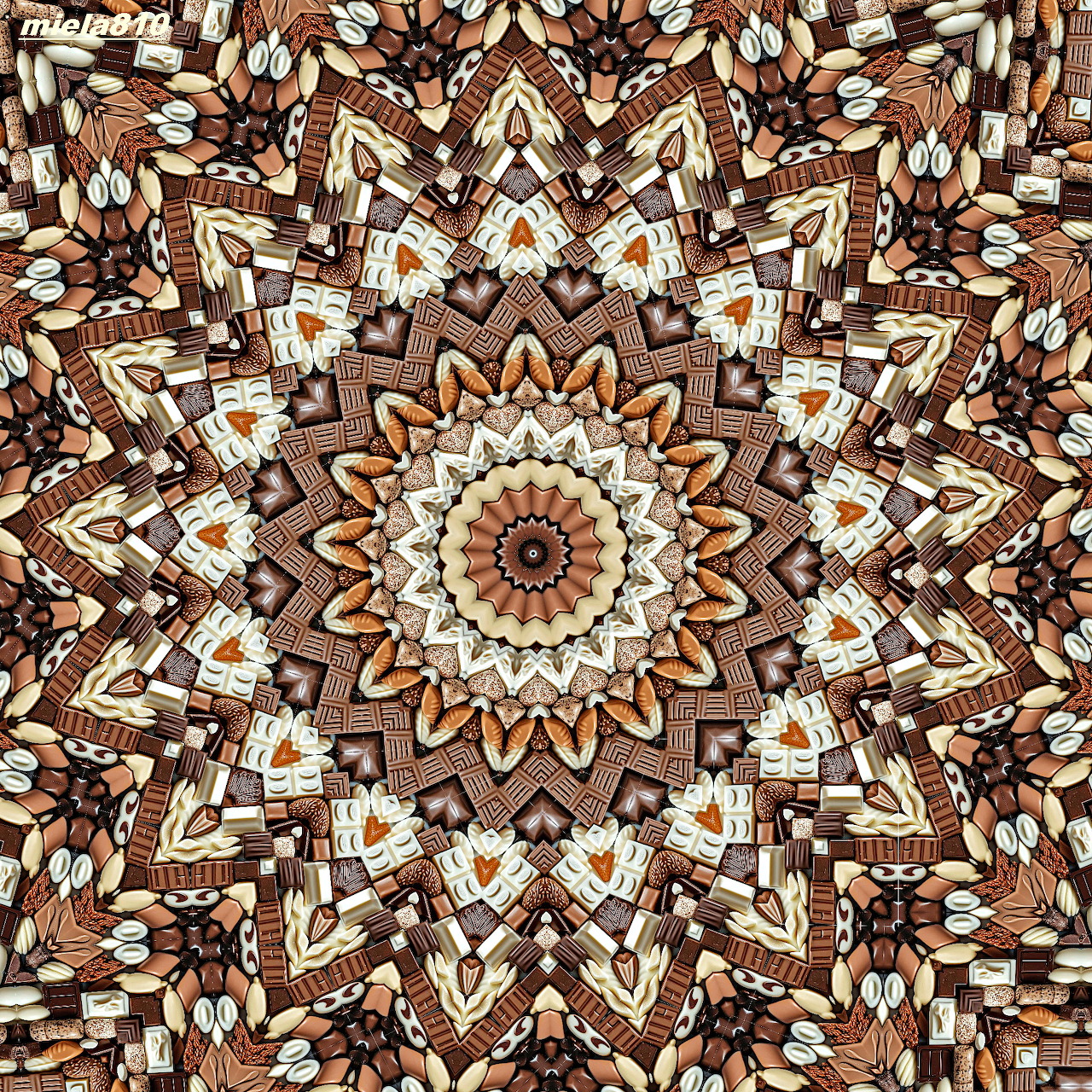Symmetrical mandala with intricate brown and cream geometric patterns radiating from center