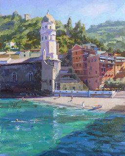 Impressionist painting of Italian coastal village Vernazza with church tower, colorful buildings and turquoise sea