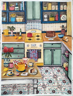 Illustrated cozy kitchen with blue cabinets, wooden counters, cookware, and dalmatian dog on tiled floor