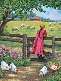 Girl in pink dress and hat viewing sheep grazing in farmyard with red barn, chickens and flowers in foreground