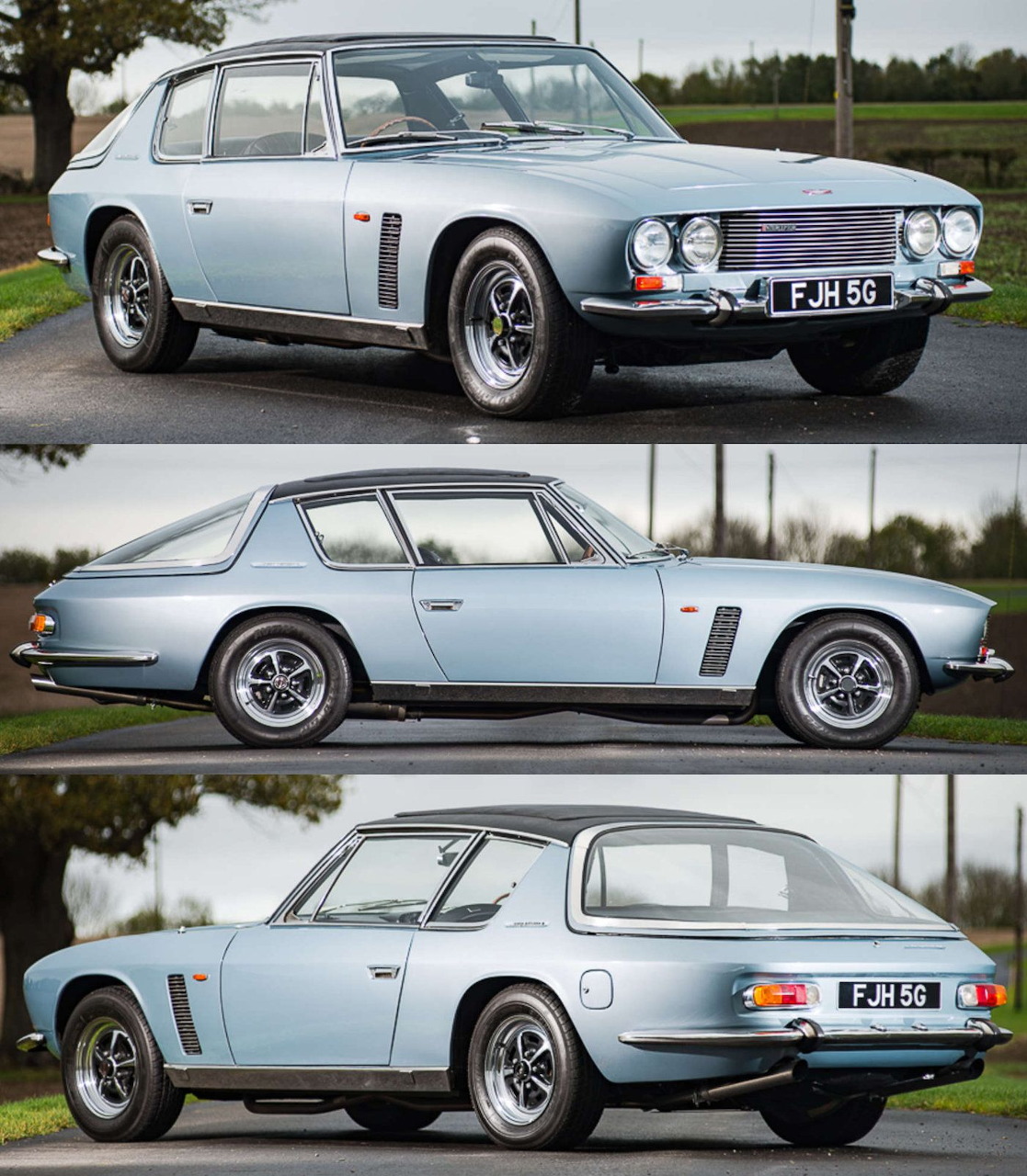 Light blue 1968 Jensen Interceptor classic car shown from front, side, and rear angles