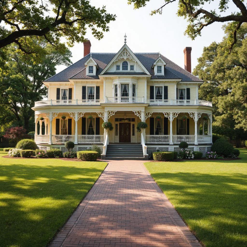 Yellow Victorian mansion with white wraparound porch and decorative trim on green lawn with brick walkway