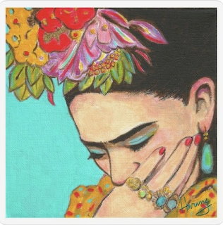Painted portrait of Frida Kahlo resting her face on her hand with flowers in her hair