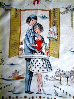 Illustration of a romantic couple standing at an open window with yellow shutters and countryside scenery