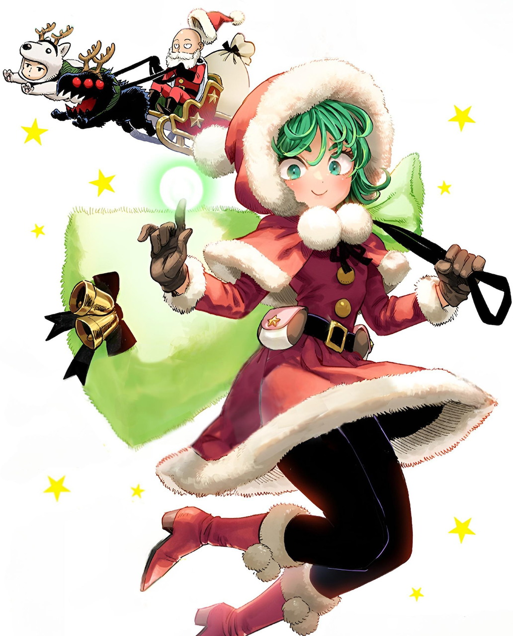 Saitama from One Punch Man in a Christmas-themed anime illustration