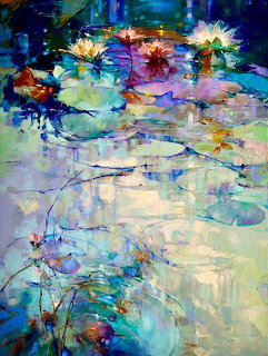 Abstract oil painting of water lilies on a colorful pond with reflections
