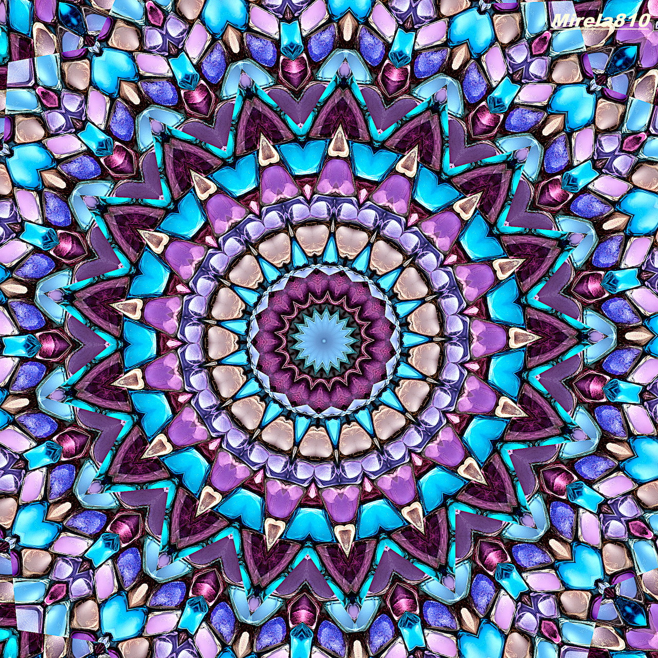 Geometric mandala with turquoise and purple stained glass mosaic pattern radiating from center