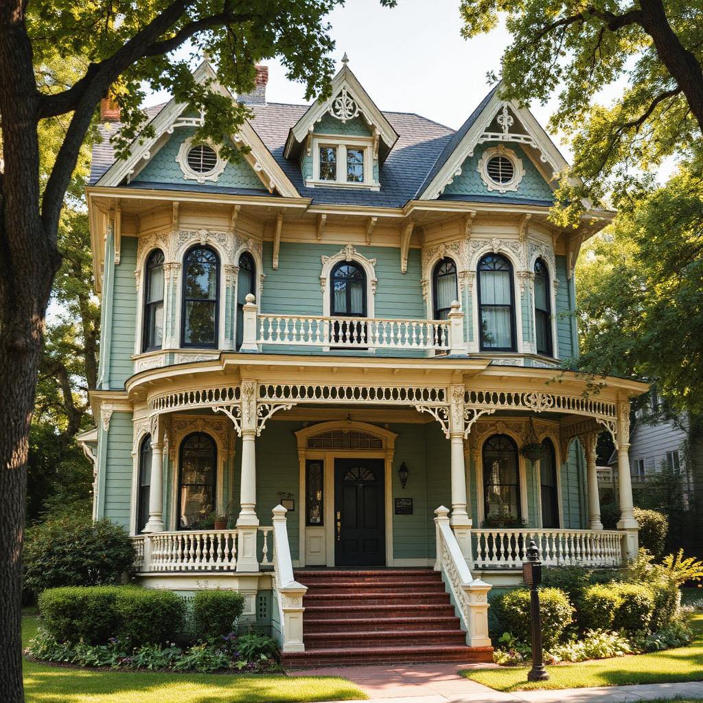 Victorian mansion with yellow siding, ornate white porch railings, and steep gray roof surrounded by trees