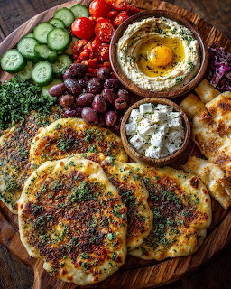 Mediterranean mezze platter with flatbreads, hummus, cucumber, tomatoes, olives, and cheese on wooden board