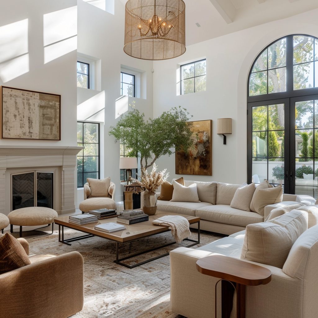 Bright modern living room with tall arched window, beige sofas, wire pendant light, and contemporary decor