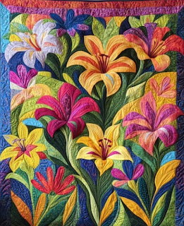 Colorful quilt artwork with blooming lilies in pink, yellow, orange, and white