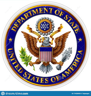 Seal of the United States Department of State with an eagle, shield, olive branch, arrows, and blue border