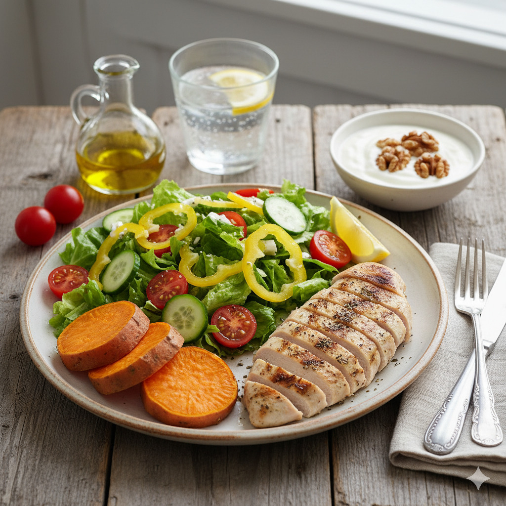 Plate with grilled chicken, salad, and sweet potato slices on a wooden table