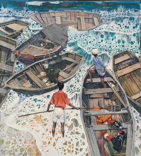 Painting of wooden boats in foamy surf with two figures near shore