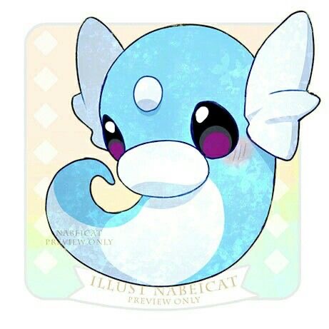 Chibi-style Dratini Pokémon illustration with blue body, purple eyes, and white ears on pastel background