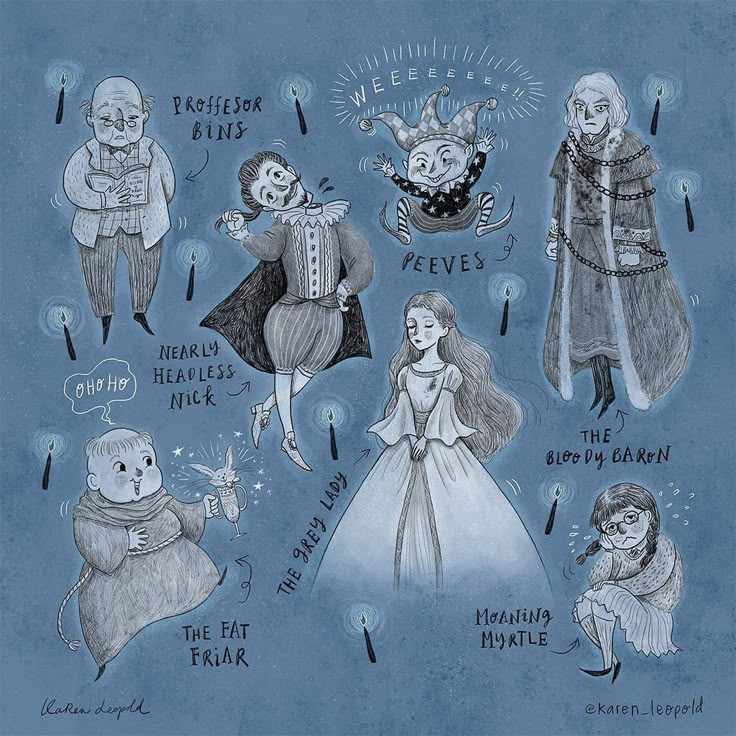 Blue illustration of Hogwarts ghosts and spirits floating with candles around them
