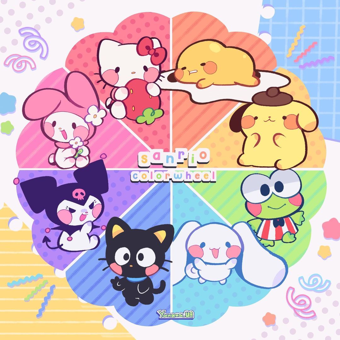 Circular collage of cute Sanrio characters in pastel colored segments with decorative background patterns