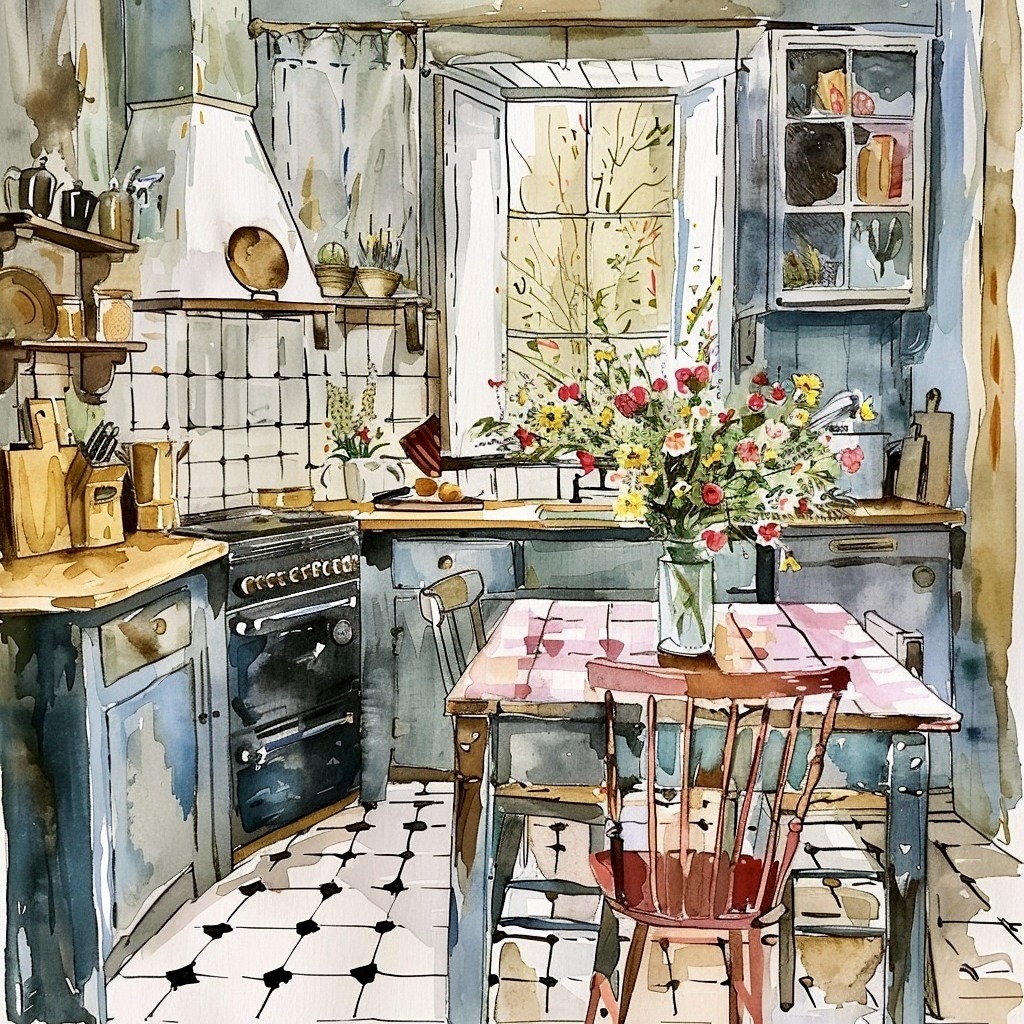 Watercolor painting of a sunlit kitchen with checkered floor, table, and window