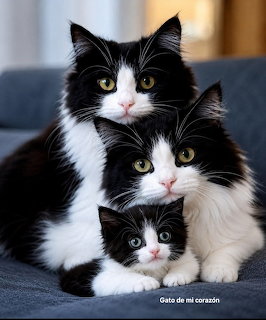 Three black and white tuxedo cats cuddling on a gray sofa