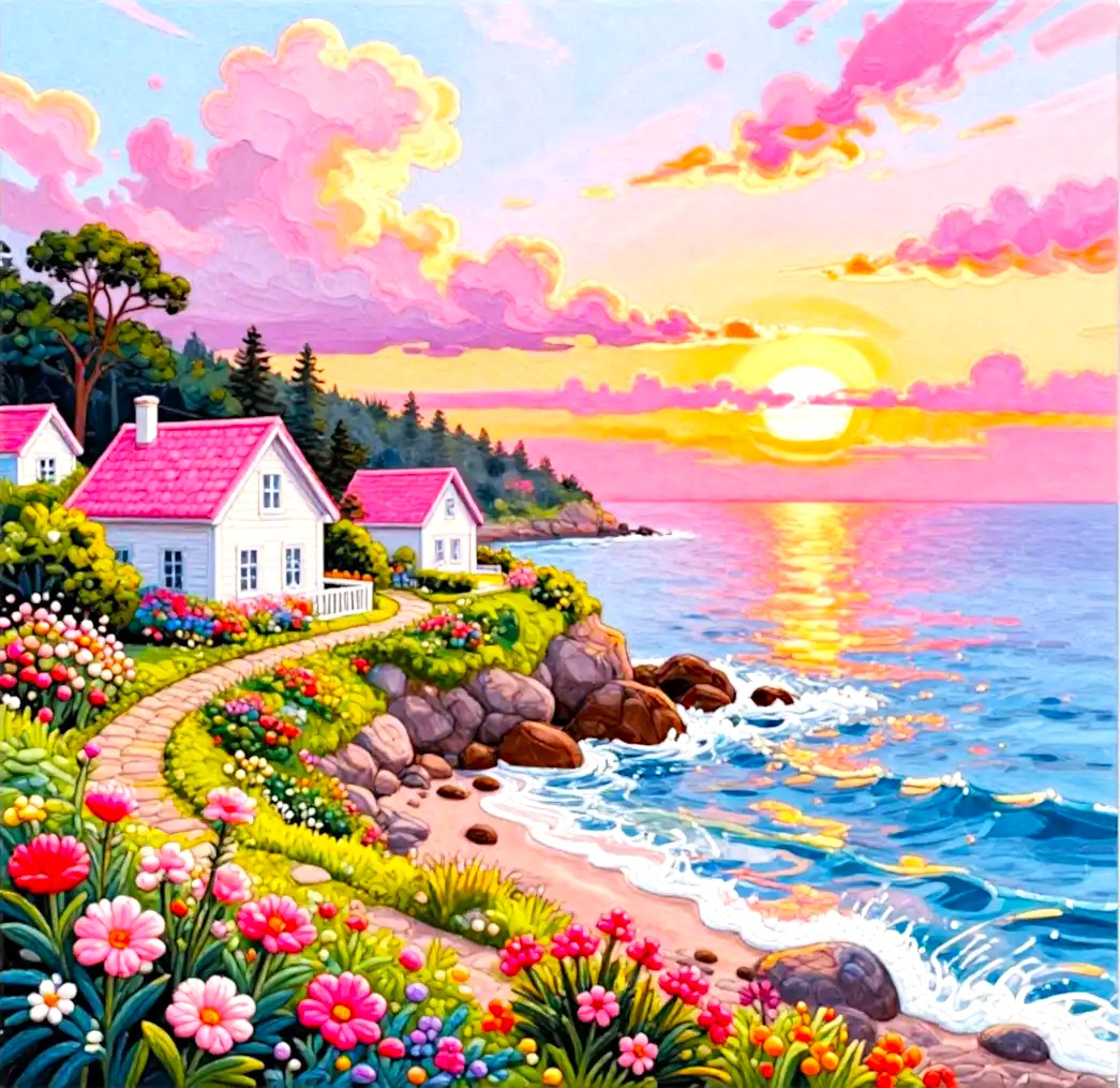 Coastal cottages with pink roofs at sunset beside flowering garden and rocky beach with pink and gold sky