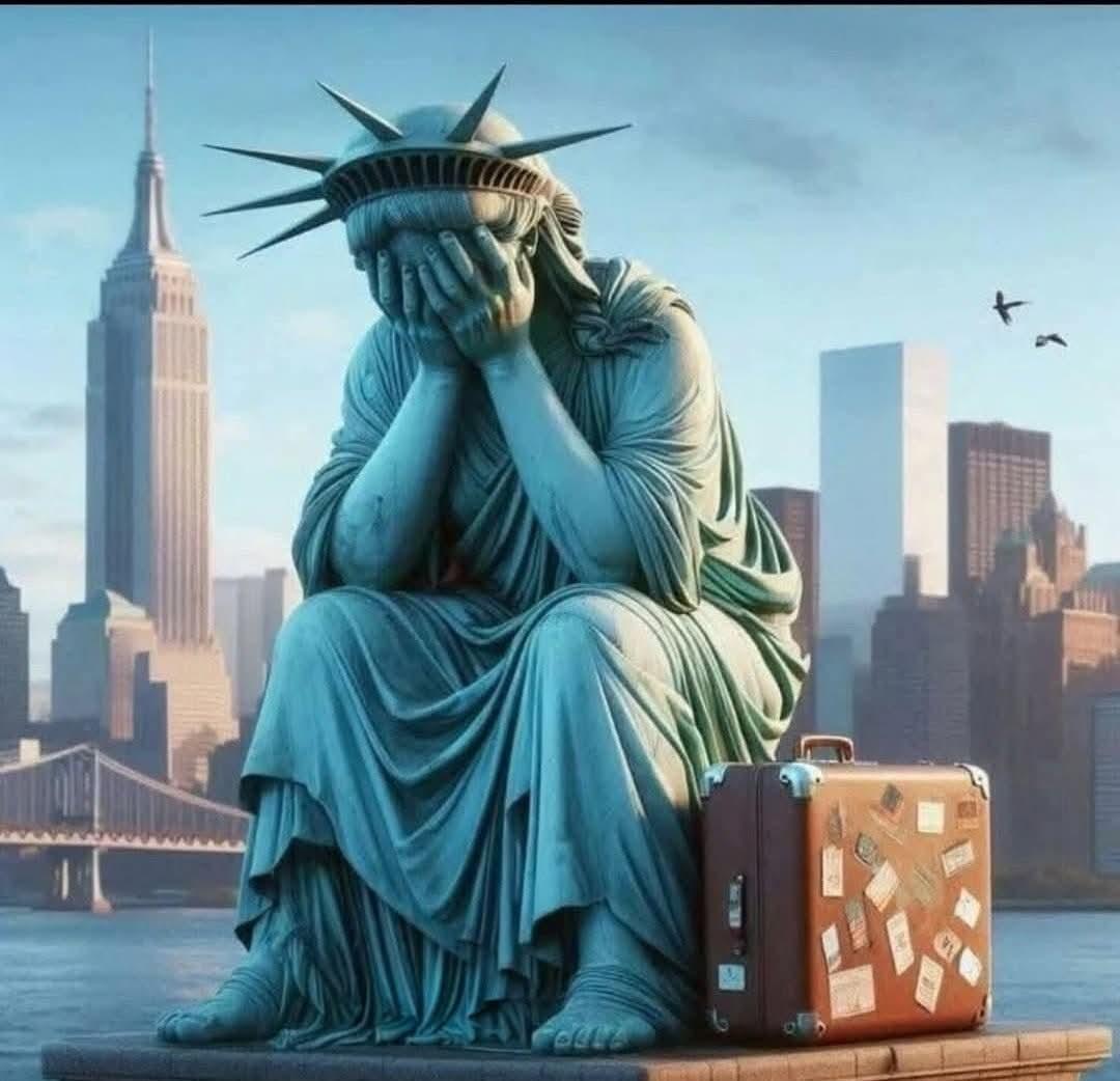 Stylized Statue of Liberty sitting with face in hands beside a suitcase against the New York skyline