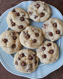 Eight chocolate chip cookies on a light blue plate viewed from above