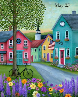 Folk art painting of colorful village houses with a bicycle, tree, flowers, and church steeple