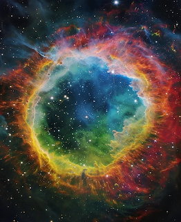 Circular nebula with vibrant multicolored gas rings and stars in deep space