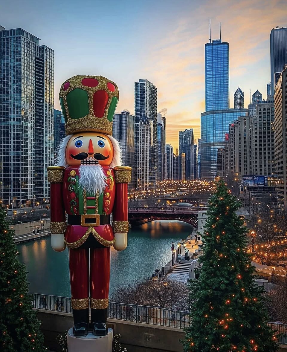 Nutcracker statue with Chicago skyline and river at sunset with Christmas tree