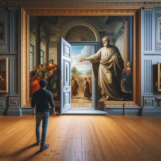 Man walking in a grand gallery toward a large classical artwork with an open doorway
