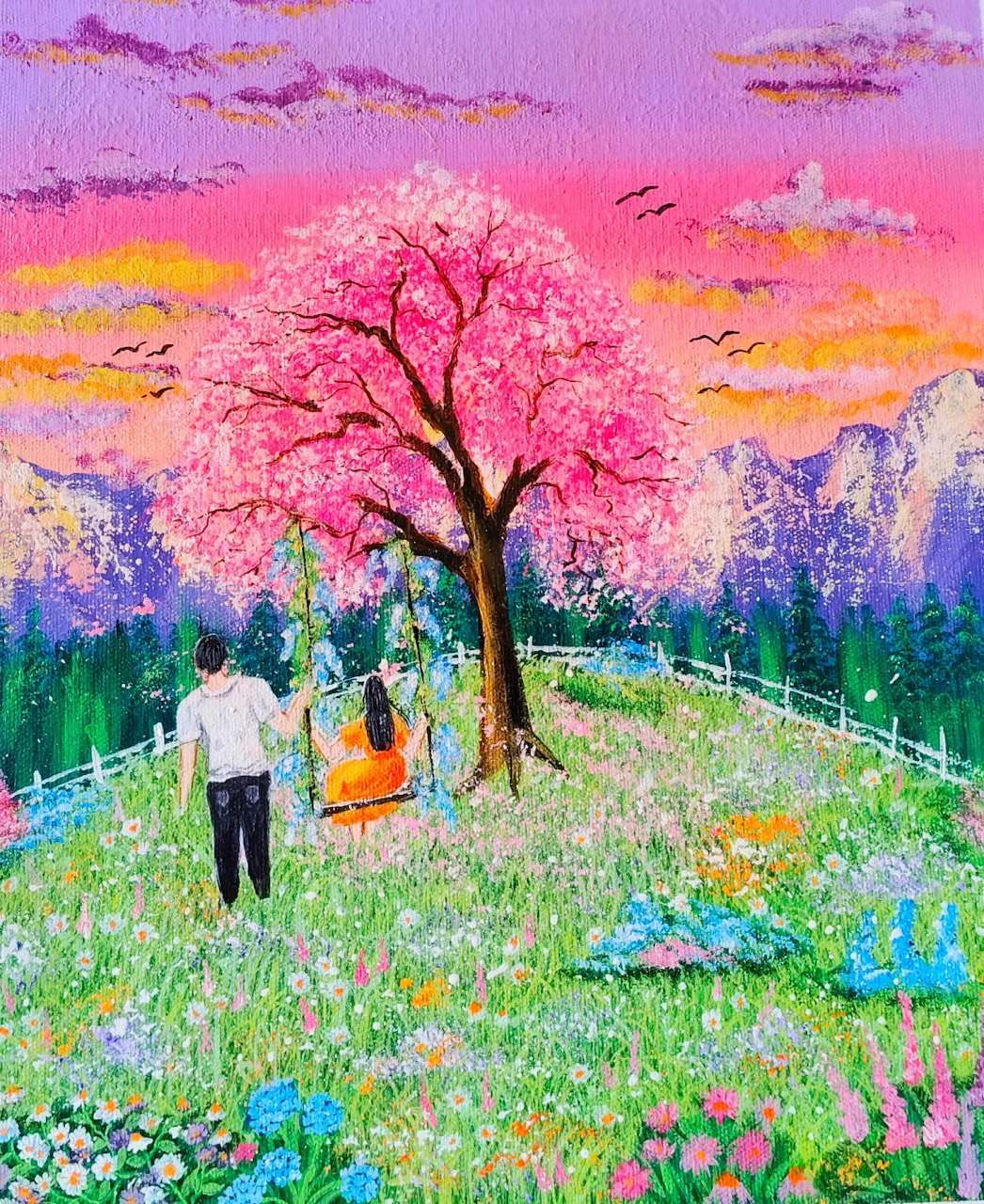 Painting of two people walking under pink cherry tree in flower meadow at sunset