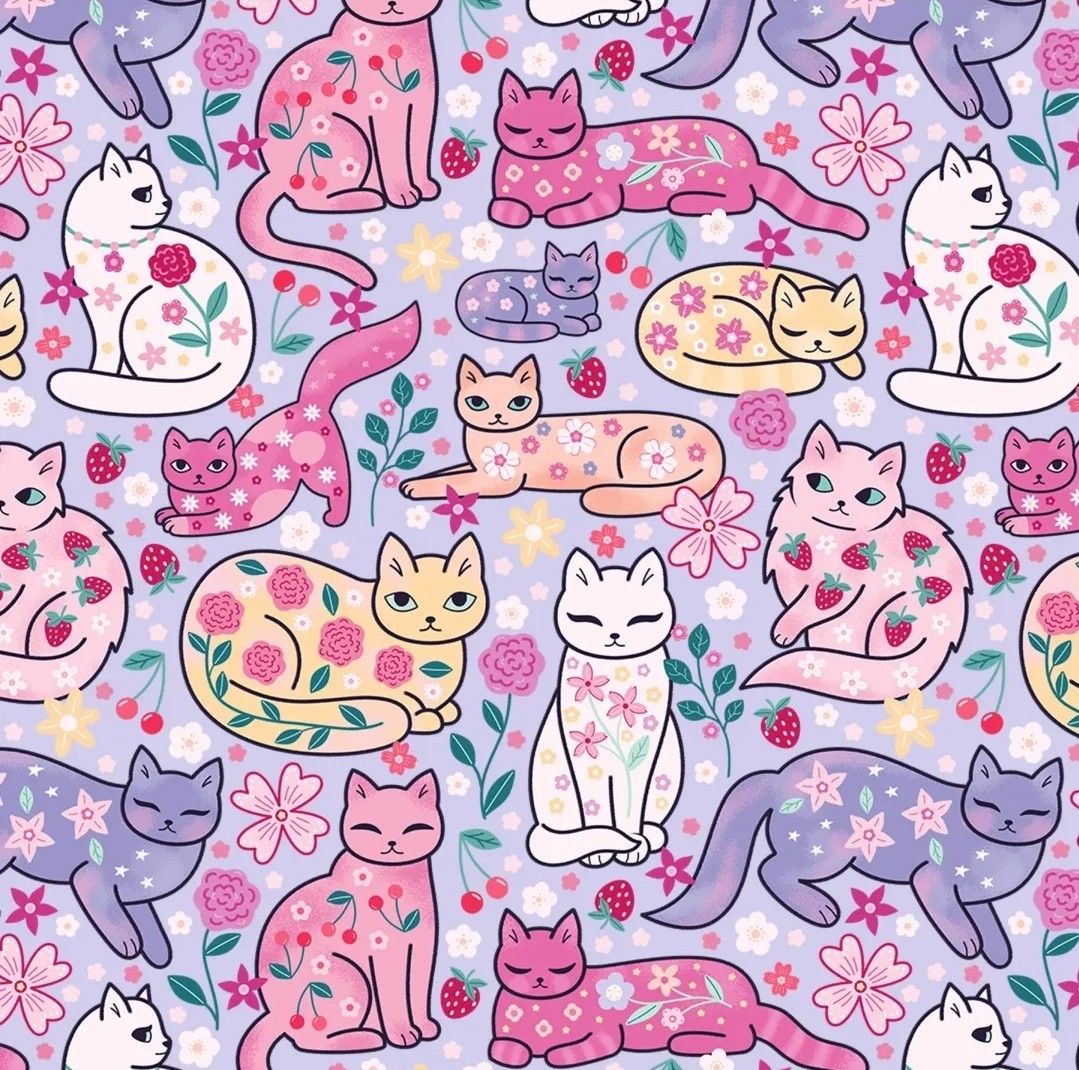 Colorful illustrated pattern of cats with floral designs on purple background with flowers and berries