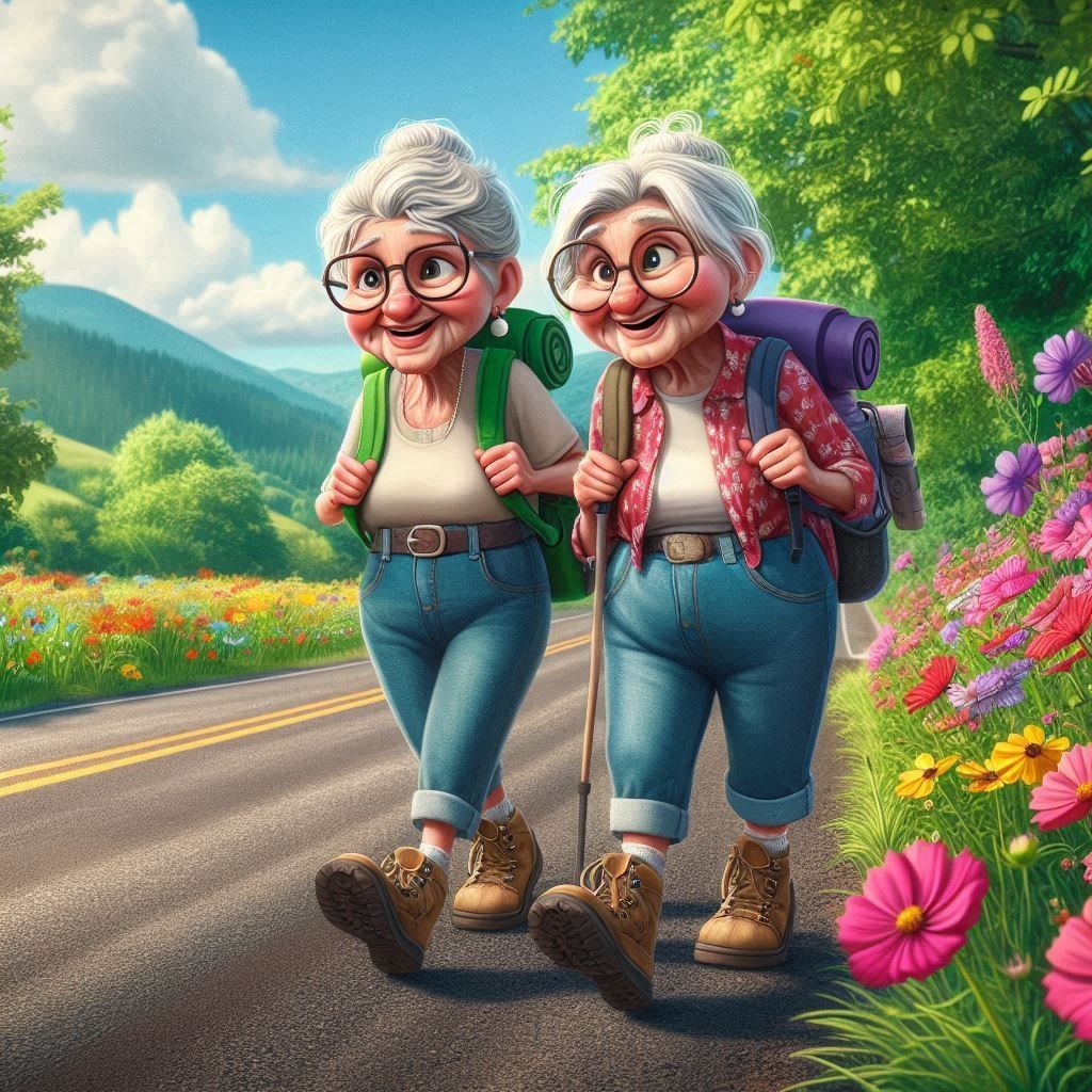 Two elderly women with backpacks hiking on mountain road with flowers
