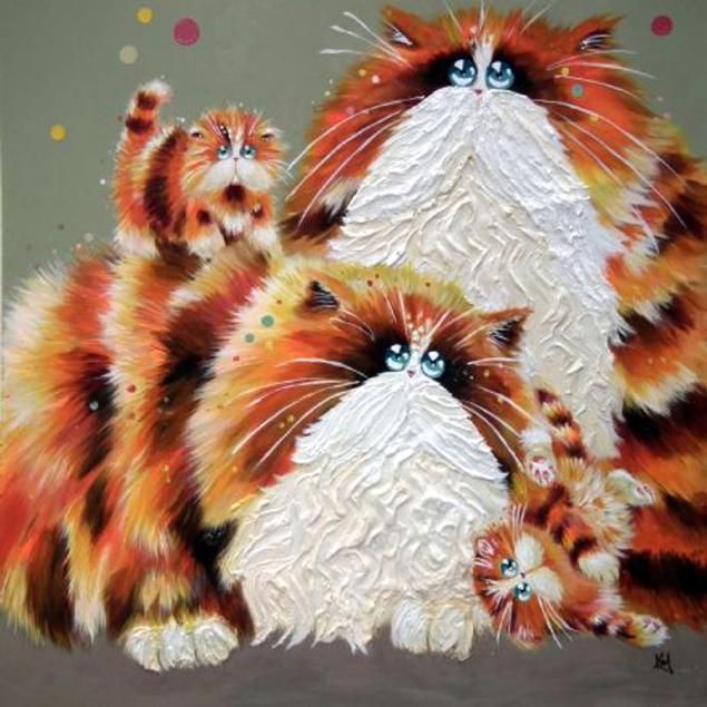 Painting of four fluffy orange and white Persian cats with blue eyes