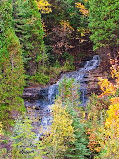 Cascading waterfall over rocky ledges surrounded by autumn-colored forest with green and yellow trees