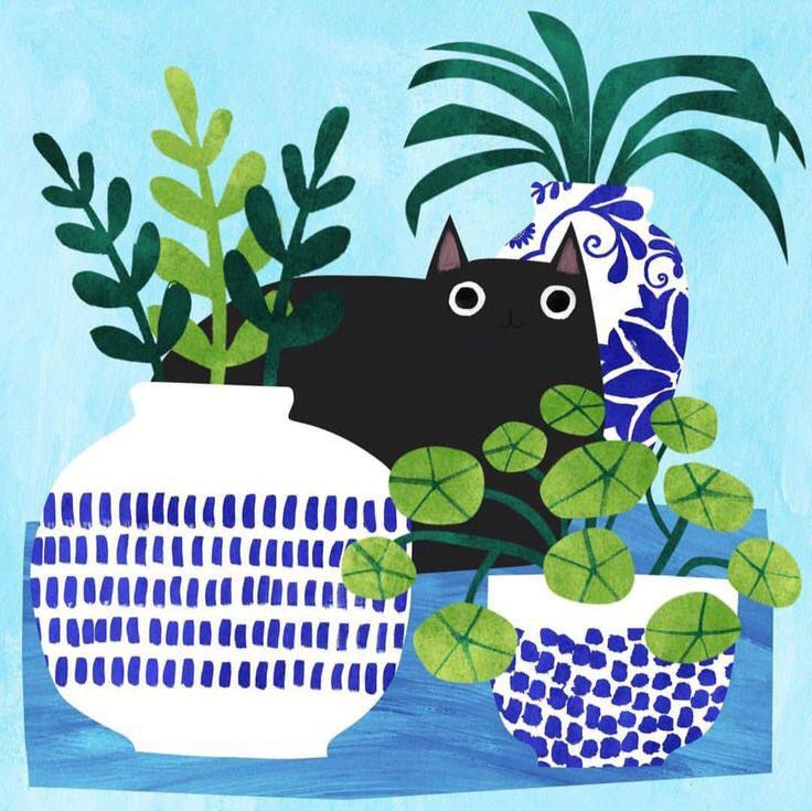 Illustrated black cat among green houseplants and blue-and-white patterned pots