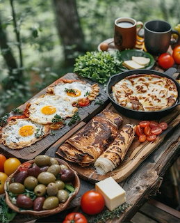 Outdoor brunch spread with eggs, bread, olives, and coffee on wooden table in forest setting