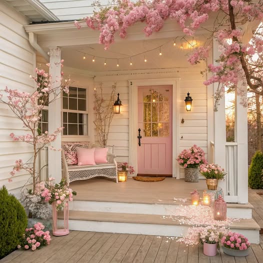 White house porch with a pink door, flowers, lanterns, and blooming branches