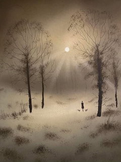 Painting of a person and dog walking among bare trees in a fogy moonlit winter scene