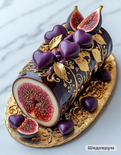 Purple roll cake with sliced figs and gold decorations on ornate golden plate