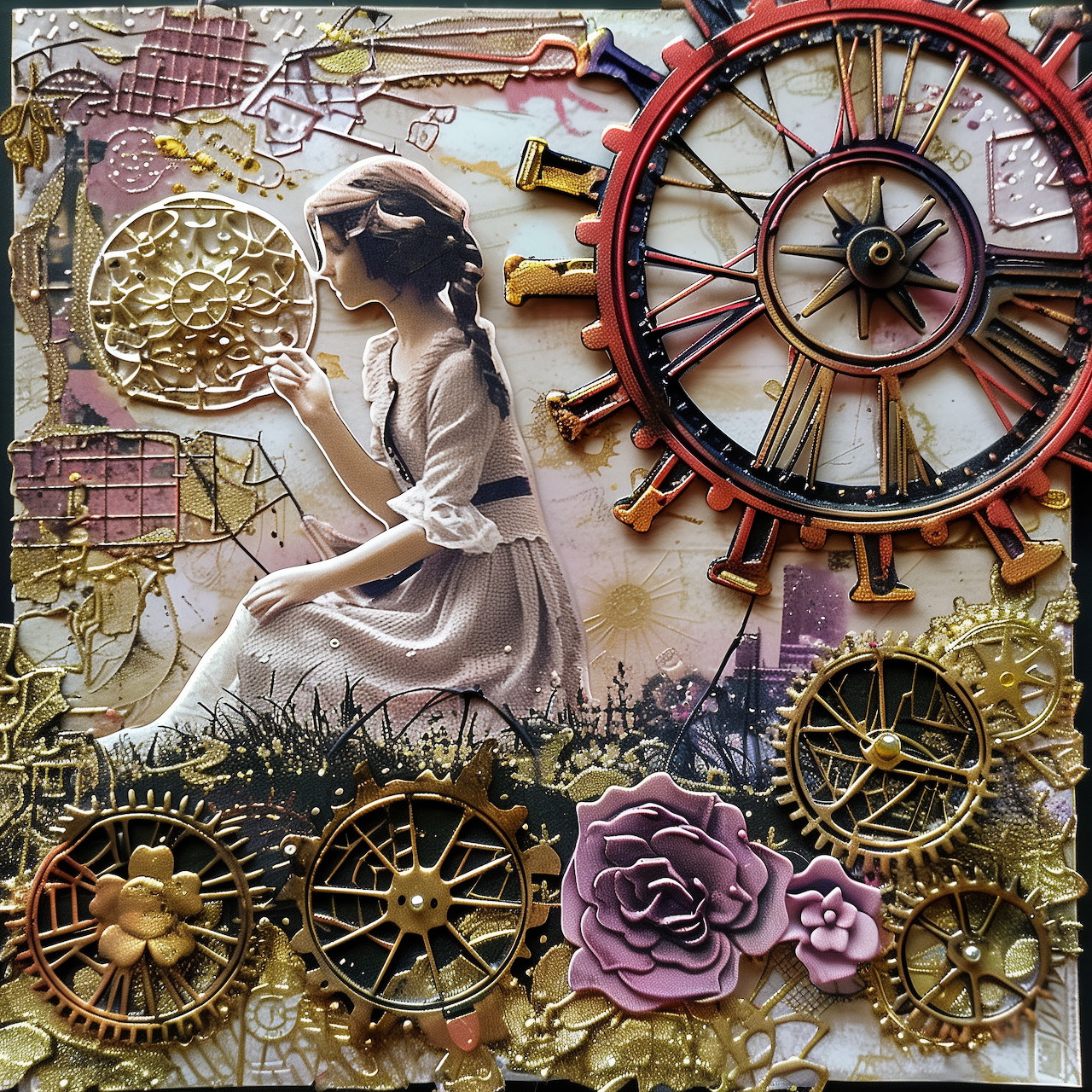 Steampunk collage with woman, gears, clock, roses and vintage elements