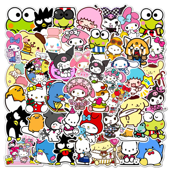 Colorful collage of cute Sanrio cartoon characters and stickers on a white background